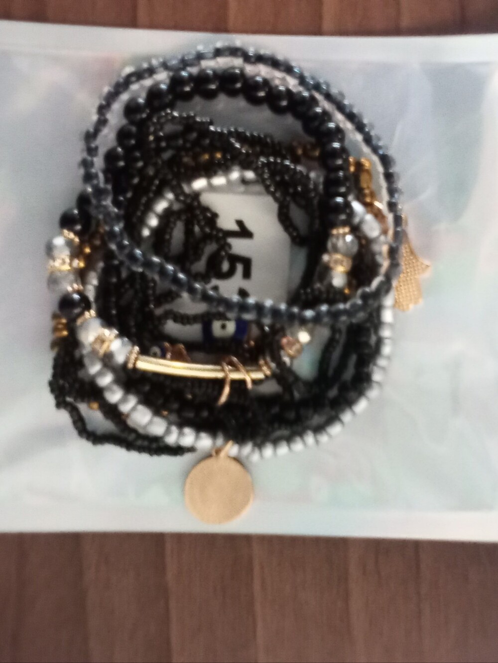 Multi-Strand Beaded Charm Bracelet - Black and Gold